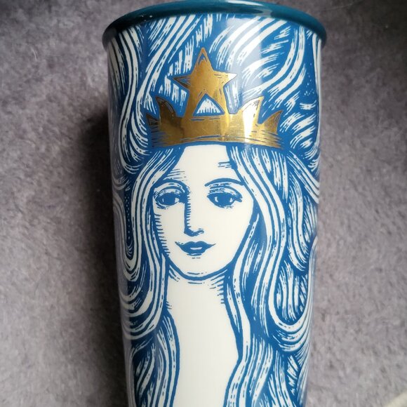 Starbucks Tumbler 2016 Limited Edition Blue Siren Gold Crown with Lid GUC "BIN B - Picture 5 of 11